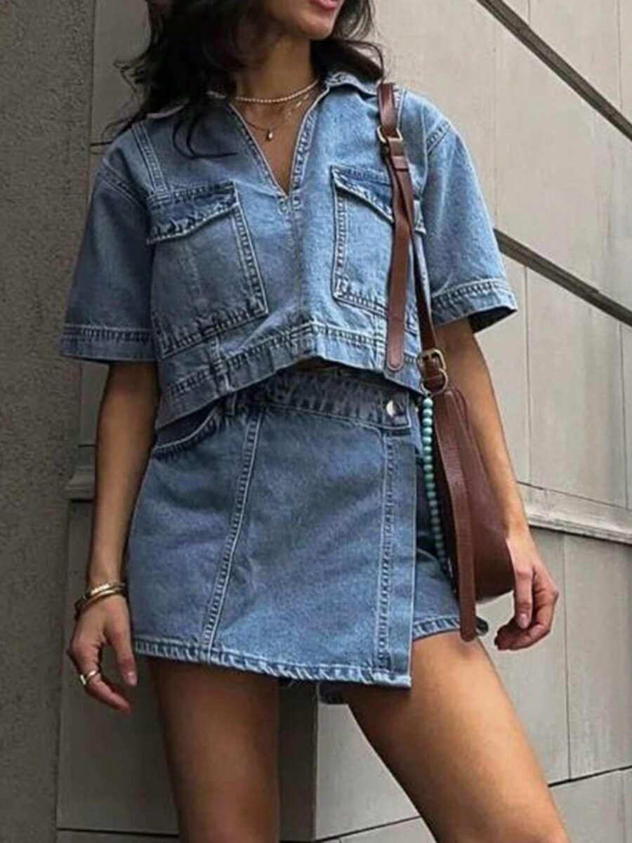 Womens 2 Piece Denim Outfits Short Sleeve Lapel Jean Tops And Asymmetrical Shorts Skorts Set Streetwear - 淺色水洗藍 - 查看 1