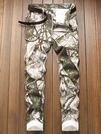 男士迷彩印花修身牛仔裤
