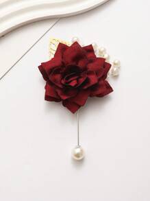 1pc Chest Flower + 1pc Wristband Flower Set, Unisex Navy Blue Camellia Flower With Gold Leaf & Bead Decor, Groom/Groomsman/Bridesmaid Corsage, Wedding, Party, Daily Wear Bracelet