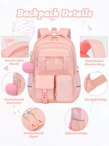 3pcs/Set Teen Girl's Backpack - Middle School Student Bag With Lunch Box Pocket & Pencil Case, 15.6-Inch School Laptop Backpack, Casual Simple Multi-Pocket Design With Plush Ball Pendant, Back-To-School Essential For School & Travel