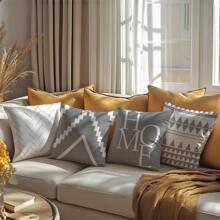 4 件简约灰白几何“家”装饰枕套，单面印花毛绒面料，45*45/50*50/40*40 厘米靠垫套适用于现代客厅沙发装饰、礼物、派对装饰 - 彩色 - 查看 7