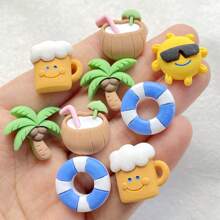 10/20pcs Colorful Resin Summer Beach Theme Cartoon Coconut Tree, Coconut Milk Drink Bottle, Swimming Ring, Sunglasses Figurines - Embellishments For DIY Scrapbooking, Wedding Decor & Jewelry Crafting - Easy To Use, Self-Adhesive, And Versatile Accessories - Mixed - View 1
