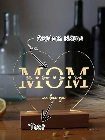 1 pieza Luz de noche personalizada para mamá - Lámpara LED 3D con significado personalizado, base de madera, decoración de habitación, gran regalo de letrero luminoso para el Día de la Madre/Aniversario/Inauguración de la casa/Cumpleaños/Navidad/Acción de Gracias (Decoración de mesita de noche)