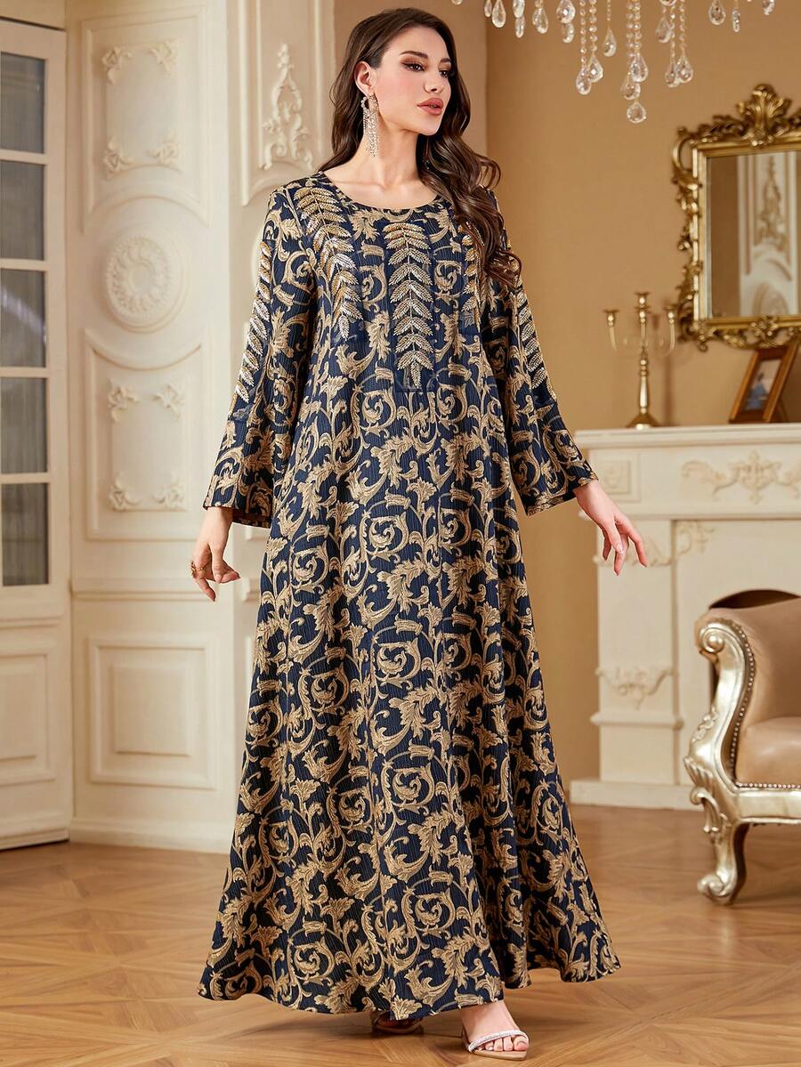 女士优雅亮片珠饰蕾丝拼接圆领长款阿拉伯风格连衣裙，绿色，朴素的卡夫坦 - 藏蓝色 - 查看 1