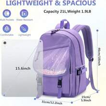 VASCHY School Bag For Girls, Cute Elementary Backpack Bookbag For Primary Schooler Kids With Sparkling Sequin Clear Pocket - Purple - View 3
