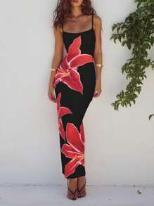 Đầm Floreya quyến rũ, thoải mái, cơ bản, họa tiết hoa, dây mảnh, ôm sát, xẻ cao. - Nhiều màu - Xem 2