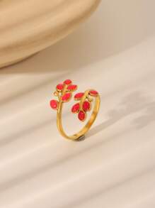 1 件 18K 镀金不锈钢珐琅叶开口戒指，适合女性日常和节日佩戴 - 葉子 - 查看 7