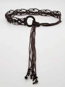 Hollow Out Woven Rhombus Pattern Polyester Belt, Versatile For All Seasons Summer, School Fall, Autumn, Halloween - Coffee Brown - View 2