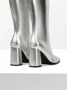 Women's Chunky Heel Go-Go Boots - Square Toe Knee High Side Zip Tall Boots For Casual, Retro, Party - 銀色 - 查看 5