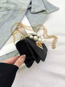 Mini Pearl Embellished Girls Handbag With Shoulder Strap - Black - View 5