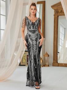 弹性串珠 V 领鱼尾裙，收腰设计，搭配手工串珠链条肩带，打造优雅奢华造型，适合派对、毕业典礼、婚礼、正式活动、派对礼服、婚礼宾客礼服、晚礼服、礼服等各种场合