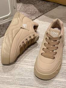 White Platform Sneakers For Women, Thick Sole Increase Height Casual Lace-Up Trainers, Khaki Color, Suitable For Daily, Outdoor Sports & Leisure, 2025 Spring New Arrival - Khaki - View 1