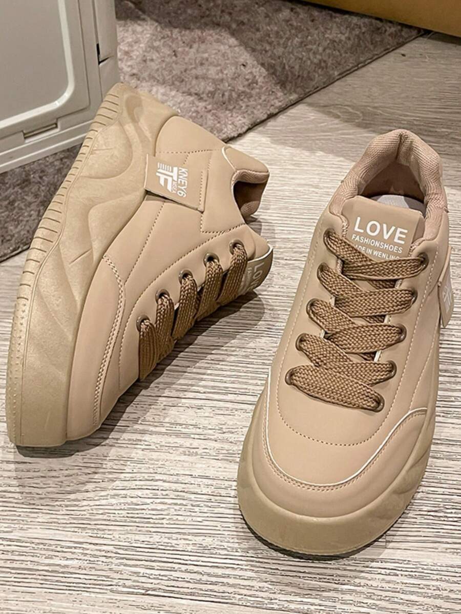 White Platform Sneakers For Women, Thick Sole Increase Height Casual Lace-Up Trainers, Khaki Color, Suitable For Daily, Outdoor Sports & Leisure, 2025 Spring New Arrival - Khaki - View 1