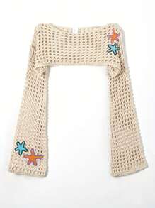 女士春夏休闲时尚度假海滩风格海星刺绣设计超短长袖针织毛衣套头衫镂空半透明上衣 - 杏色 - 查看 1
