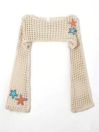 女士春夏休闲时尚度假海滩风格海星刺绣设计超短长袖针织毛衣套头衫镂空半透明上衣