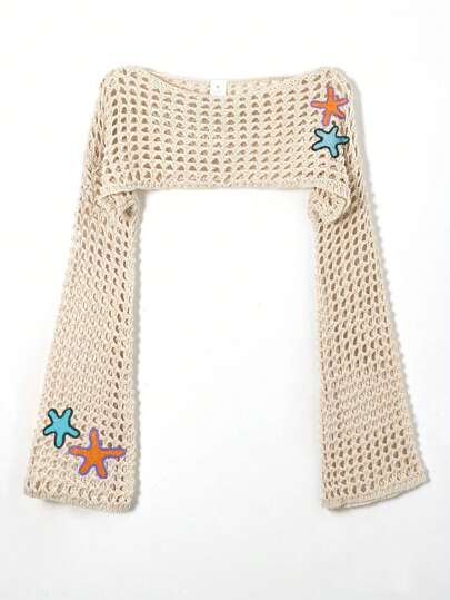 女士春夏休闲时尚度假海滩风格海星刺绣设计超短长袖针织毛衣套头衫镂空半透明上衣