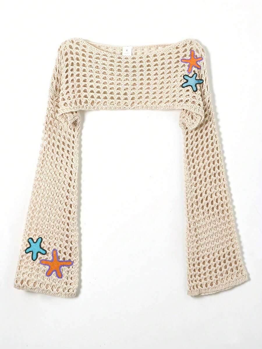 女士春夏休闲时尚度假海滩风格海星刺绣设计超短长袖针织毛衣套头衫镂空半透明上衣 - 杏色 - 查看 1