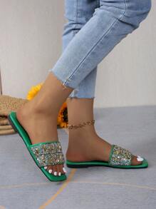 Women's Strap Crystal Embellished Slip-On Flat Sandals - Green - View 7