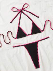 New Summer Beach Sexy Crinkle Hibiscus Red Flower Bud Thong Micro Triangle Bikini Set - Black - View 5