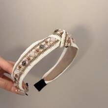 1pc Boho Linen Thin Headband With Wooden Beads And Gems, All Season Decor Headwrap,Hairband,Hair Hoop