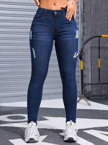 Jeans Vaqueros Ajustados Casuales De Alta Elasticidad , Vaqueros De Mezclilla Y Ropa Para Mujeres - Azul lavado medio - Ver 3