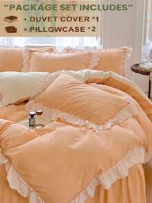 3pcs Ruched Floral Pattern Bedding Set Including 1 Duvet Cover & 2 Pillow Shams, Pale Yellow & White Color, Super Soft, Machine Washable - Yellow - View 1