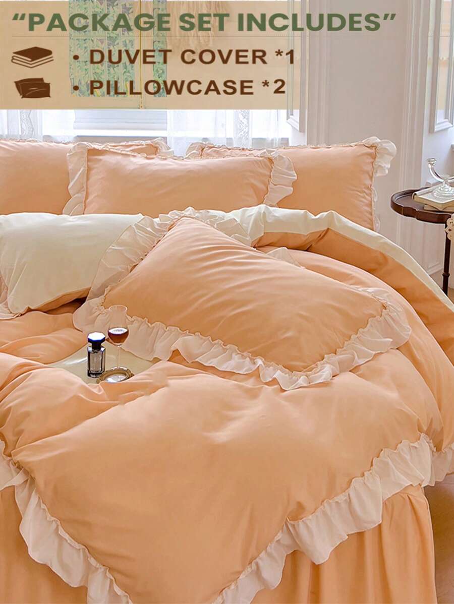 3pcs Ruched Floral Pattern Bedding Set Including 1 Duvet Cover & 2 Pillow Shams, Pale Yellow & White Color, Super Soft, Machine Washable - Yellow - View 1