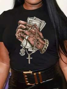 Plus Size Women's Round Neck Drop Shoulder Short Sleeve Casual Graphic Print T-Shirt - Black - View 4