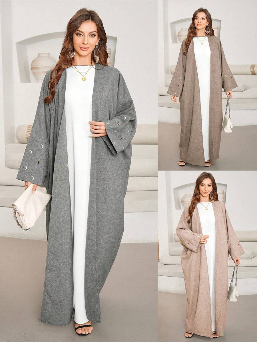 1 件女士时尚优雅月亮刺绣长袍，简洁大方，适合日常穿着，春夏秋季，端庄长袍 - 阿巴雅 - 查看 1