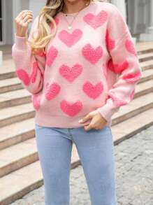 Women's Casual Loose Sweater Heart Pattern Long Sleeve Round Neck Knitwear Knit Tops - Pink - View 5