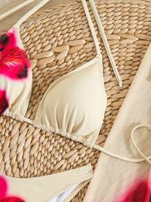 Set bikini con stampa floreale in stile boho con scollo alla halter, set da 3 pezzi con pareo abbinato, per l estates e le vacanze al mare