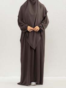 1 Set Solid Color Breathable Fabric Women Hijab And Muslim Abaya, Suitable For Women's Daily Wear For Dress - Black - View 3