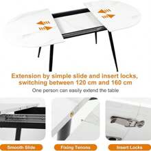 Extendable Dining Table, Oval Kitchen Table 120-160 Cm For 4-6 Seater, Marble Effect Dining Table With Metal Legs And Hidden Table Leaf, Suitable For Kitchen, Dining Room Or Living Room - White - View 5