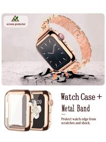 Combo set de boîtier et de bracelet compatible avec en 2 en 1, couleur or rose, coque de protection en TPU doux couvrant entièrement, protecteur d'écran anti-rayures, bracelet en métal réglable, convient pour