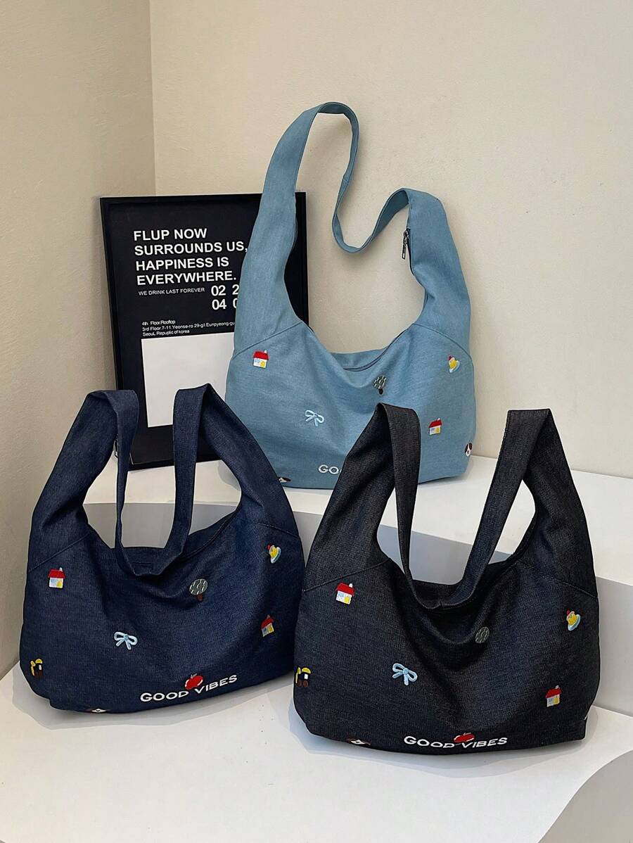 1 件新款大容量卡通房子蝴蝶结小图案单肩手提包，拉链开合，休闲，多功能，轻便，易于携带，非常适合日常通勤、购物和送给朋友的礼物