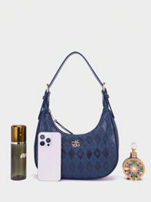 DK DKMG 1 件棕色和蓝色 PU 可调节单肩包，新月形手提包，带有复古菱形网格浮雕图案，适合女性日常使用、节日、会议、礼物