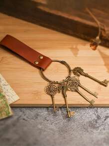 1pc Retro Hollow Skeleton Key Chain, Antique Bronze/Brass Tone Mixed Pendant For DIY, Wedding/Party Favors, Halloween Stage Props, Cosplay Accessories, Wall Decor, PU Leather Keychain For Halloween LARP - A - View 1