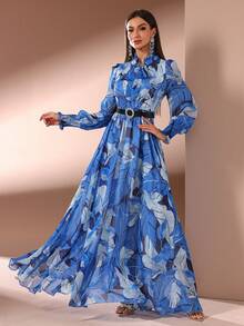 Women Printed Long Sleeve Casual Long Dress - Blue - View 5