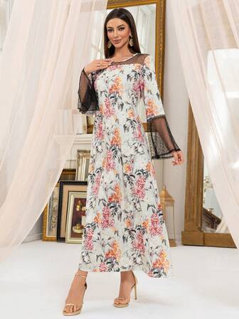 فستان نسائي أكمام طويلة بقطع شبكية بسيط للاستخدام اليومي