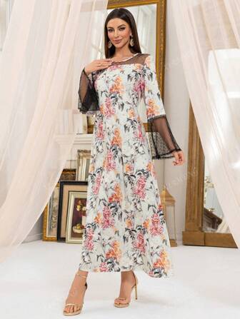 Women's Simple Mesh Patchwork Long Sleeve Dress, For Daily Wear