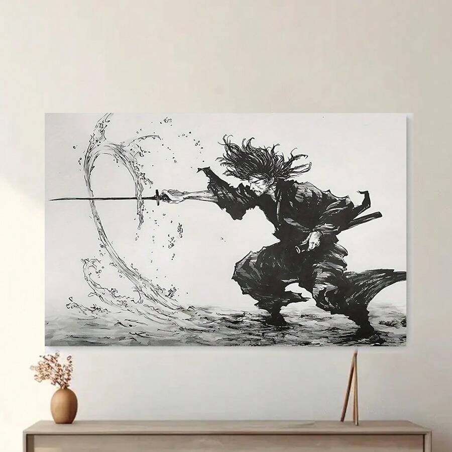 Framed  Miyamoto Musashi  Canvas Poster - Anime Wanderer Wall Art - Es - For Office, Classroom, Living Room, Bedroom Decor - Perfect Gift For Anime Fans - Framed - View 1