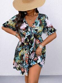 Plus Size V-Neck Waisted Floral Print Dress, Fashionable And Slimming - Blue - View 7