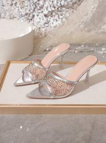 情人节银色高跟凉鞋，透明水钻性感女士夏季派对鞋 - 銀色小雨點 - 查看 3