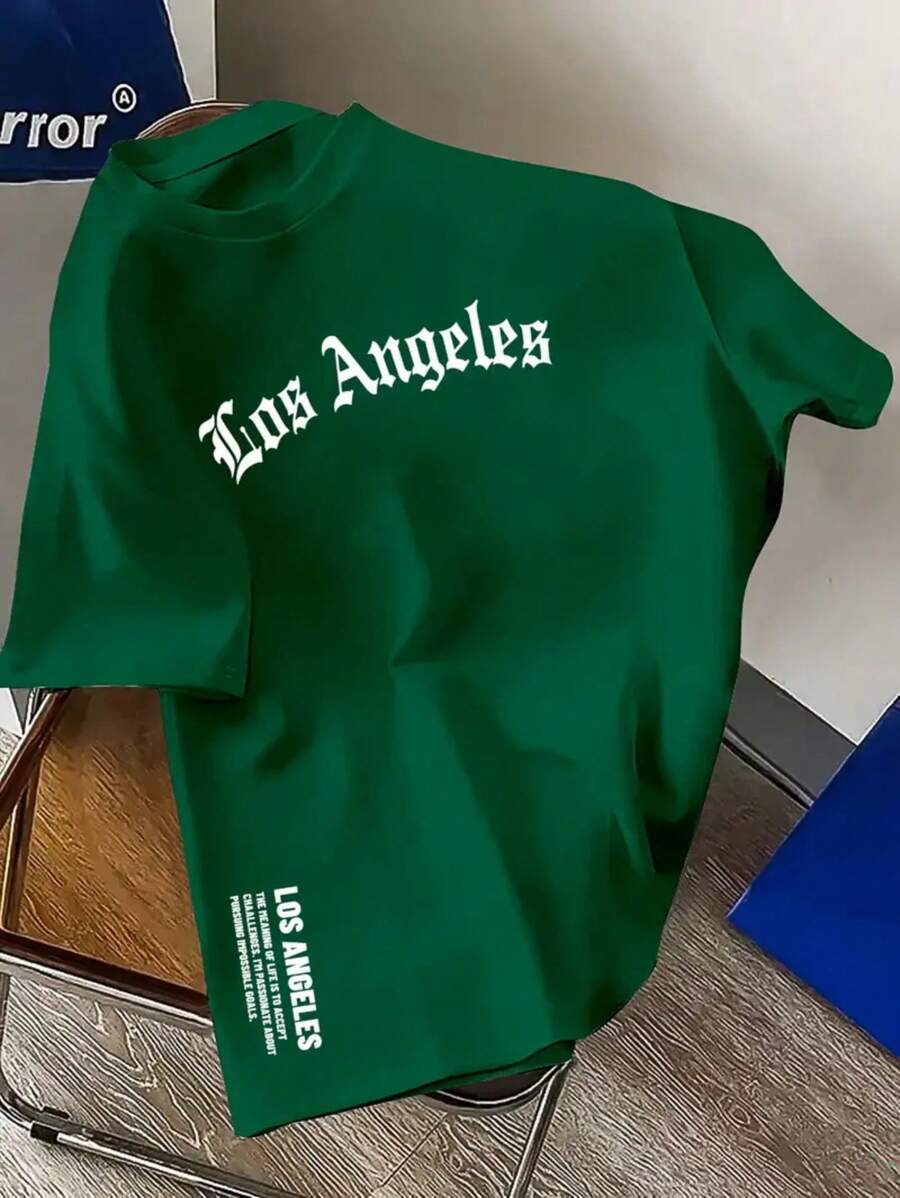 Men's Los Angeles T-Shirt Side Detail Phrase Driven By Challenges 100% Cotton Shirt Fashion Streetwear Premium Mesh - xanh quân đội - Xem 1