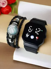 2pcs/ Set 1pc LED Digital Display Electronic Watch + 1pc Football/Basketball/Badminton/Volleyball/Baseball/Rugby Leather Braided Rope Bracelet Personalized Simple Beaded Bracelet Creative Fan Souvenir Gift Bracelet Astronaut Football Basketball Rugby The Best Choice For Holy Day, Christmas, Valentine's Day, Mother's Day, Holiday Gifts - Black - View 9