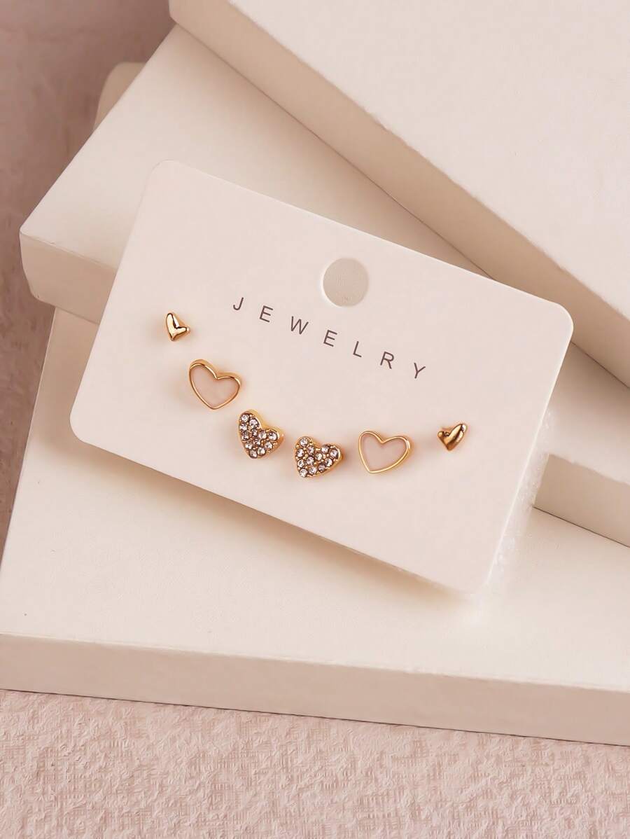 3pairs/Set Chic Individuality Delicate Heart-Shaped Rhinestone Earring Sets ,Casual Versatile Sporty Outdoor Earrings, For Women&Teen Wedding Banquet Prom Dating Gifts Summer Vacation Travel Music Festivals ,Suitable For Holiday Wear ,Mother's Day Gift Valentines,Mom,Mother,Mother's Day,Gift - Yellow Gold - View 1