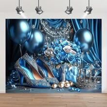 优雅的蓝色生日背景，配有气球、鲜花和闪亮的高跟鞋 - 聚酯照片亭装饰，适合派对庆祝活动，庆祝装饰品 | 节日活动装饰品 | 精美的设计，生日派对装饰礼物毕业