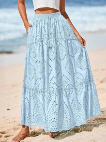 Women's Casual Lace Embroidery Eyelet Elastic High Waist Tiered A-Line Flowy Long Skirt Summer Boho Bohemian Beach Spring Holiday Vacation Going Out Valentine Long Maxi Skirt Outfits - 淺藍色 - 查看 1
