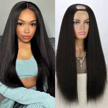 U Part Wig Kinky Straight Wigs For Women, 26 Inch Yaki U Part Synthetic Straight Half Wig, Pgraded Clip In Wigs Yaki Straight U Part Extension Full Head U Shape Wig Clip In U Part Wig
