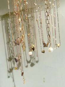 12pcs Fashionable, Simple, Elegant, Exquisite, Retro Style, Heart, Butterfly, Faux Pearl, Rhinestone, Shiny, Star, Moon, Tassel, Metal Design Multi-Layer Pendant Necklace Set, Great For Holiday, Party, Date, Daily Wear, Gift